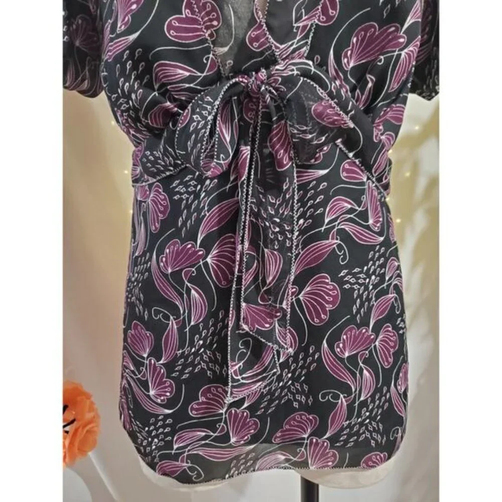 Vtg 90s Y2K NWT Max Studio Sheer Floral Babydoll Tie Top Size L Whimsigoth Fairy - Picture 5 of 11